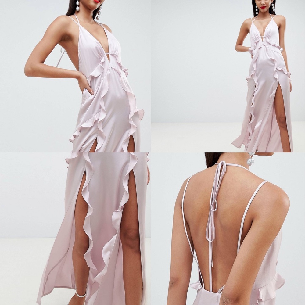 Deep Plunge Ruffle Satin Maxi - Picture 2 of 4